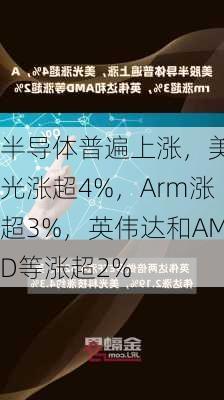 
半导体普遍上涨，美光涨超4%，Arm涨超3%，英伟达和AMD等涨超2%